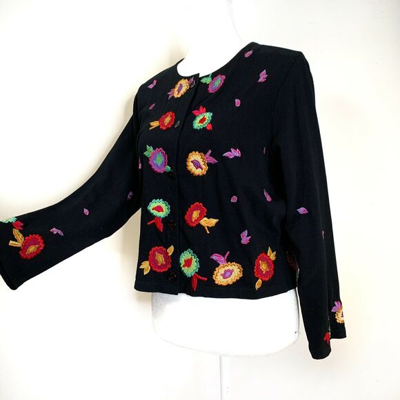 Michael Simon Button Front Cardigan Sweater Sz Mp Black Cotton Embroidered - Picture 5 of 12